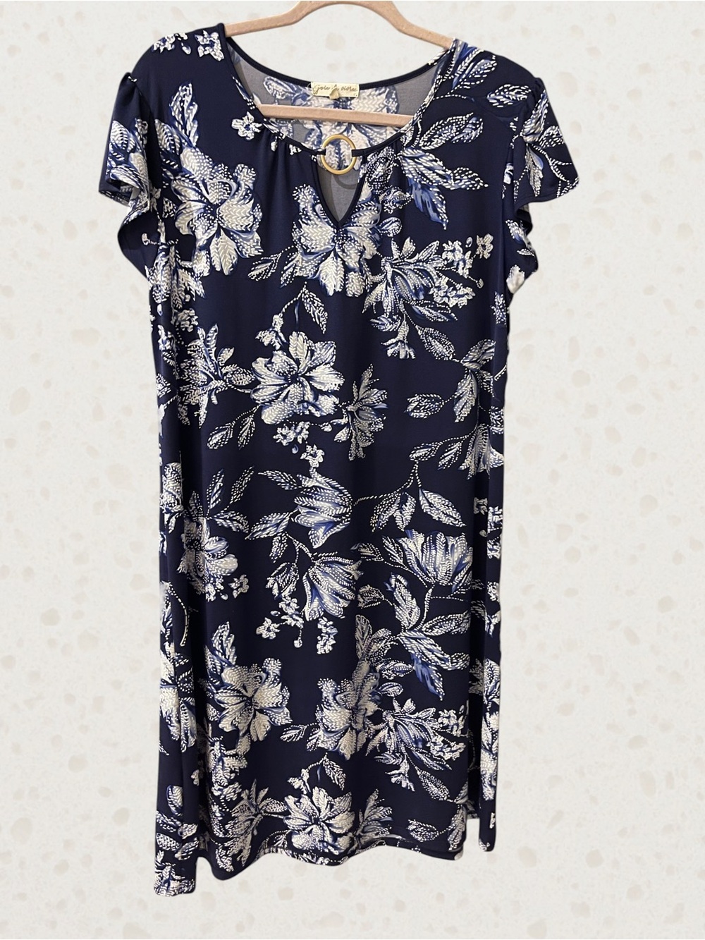 Navy Floral Midi Dress with Ring-Detail V-Neck